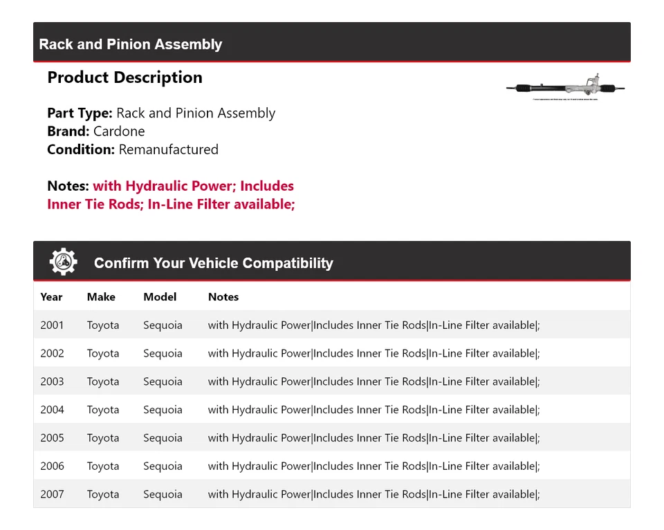 Para 2001-2007 Toyota Sequoia conjunto de rack e pinhão Cardone 2002 2003 2004 - Imagem 2 de 4