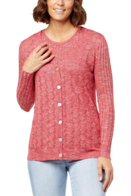 DG2 by Diane Gilman Marled Pointelle Sweater Knit Cardigan  Ruby  Size 2X