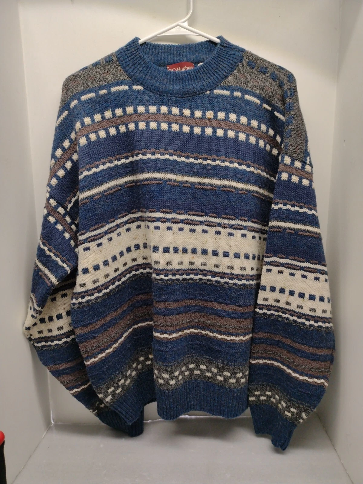 Large CC HUGHES Moc Neck Sweater Wool Acrylic Nordic Pullover Blue ITALY