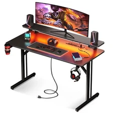 Home Office PC Computer Table Small Gaming Desk with LED Lights & Power Outlets