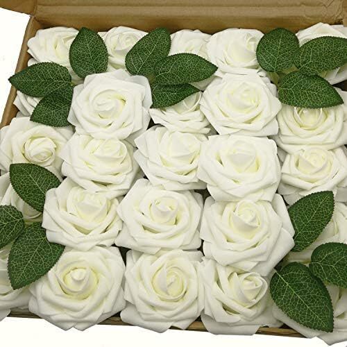 Artificial Flowers 25pcs Real Looking Ivory Fake Roses With Stem For Diy Wedding - Picture 3 of 8