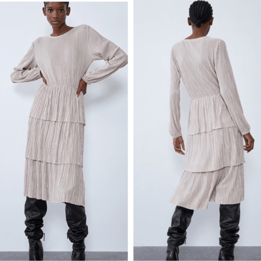 Zara Champagne gold Pleated Long Sleeve Tiered Midi Dress size L large
