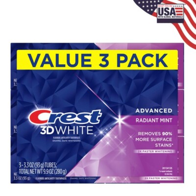 Crest 3D White Advanced Teeth Whitening Toothpaste, Radiant Mint, 3.3 oz, Pac...