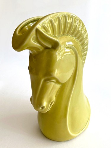 VTG 1950'S MID CENTURY MODERNIST CHARTREUSE ART POTTERY HORSE HEAD CERAMIC VASE - Picture 3 of 12
