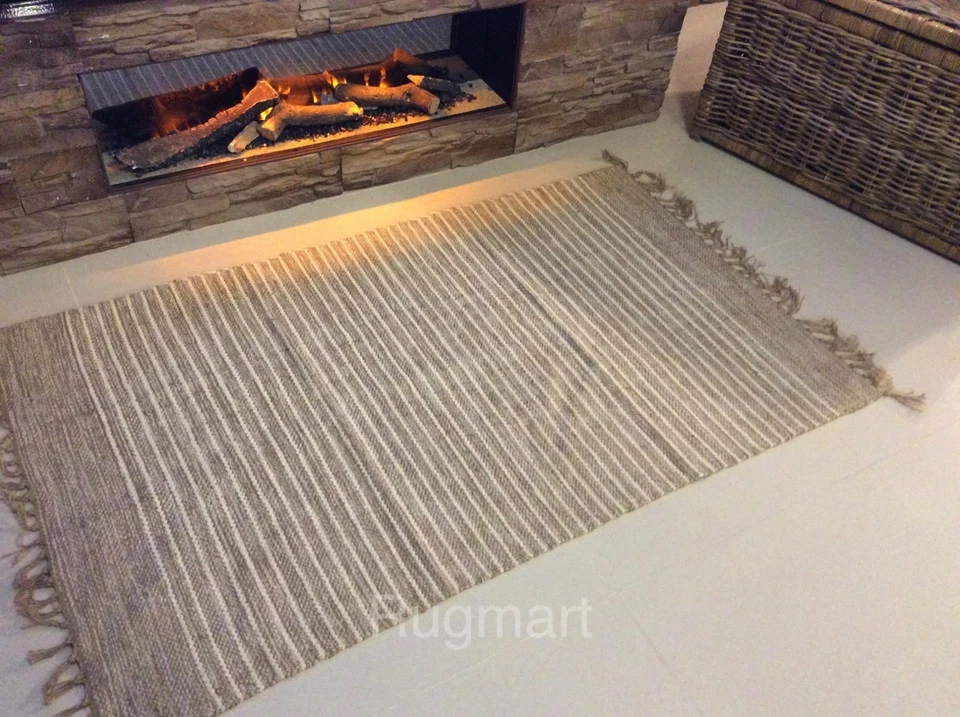 Striped Natural Cotton Jute Handloomed Cream Beige Washable Reversible Area Rugs - Image 3 of 4