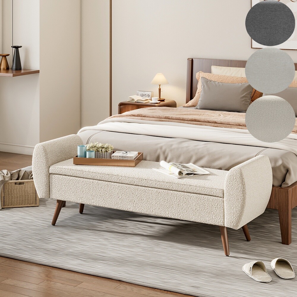 Wooden Bed With Side Stool Upholstered Long Bench Storage End Of