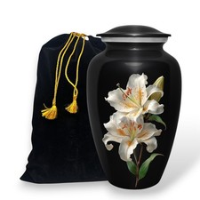 Large Adult Cremation Urn for Human Ashes Black White Lily 190 Cu In Earns