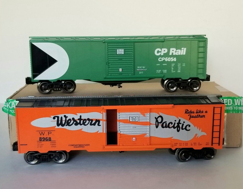 MENARDS 2 Box Cars Western Pacific,  Canadian Pacific Rail O Gauge