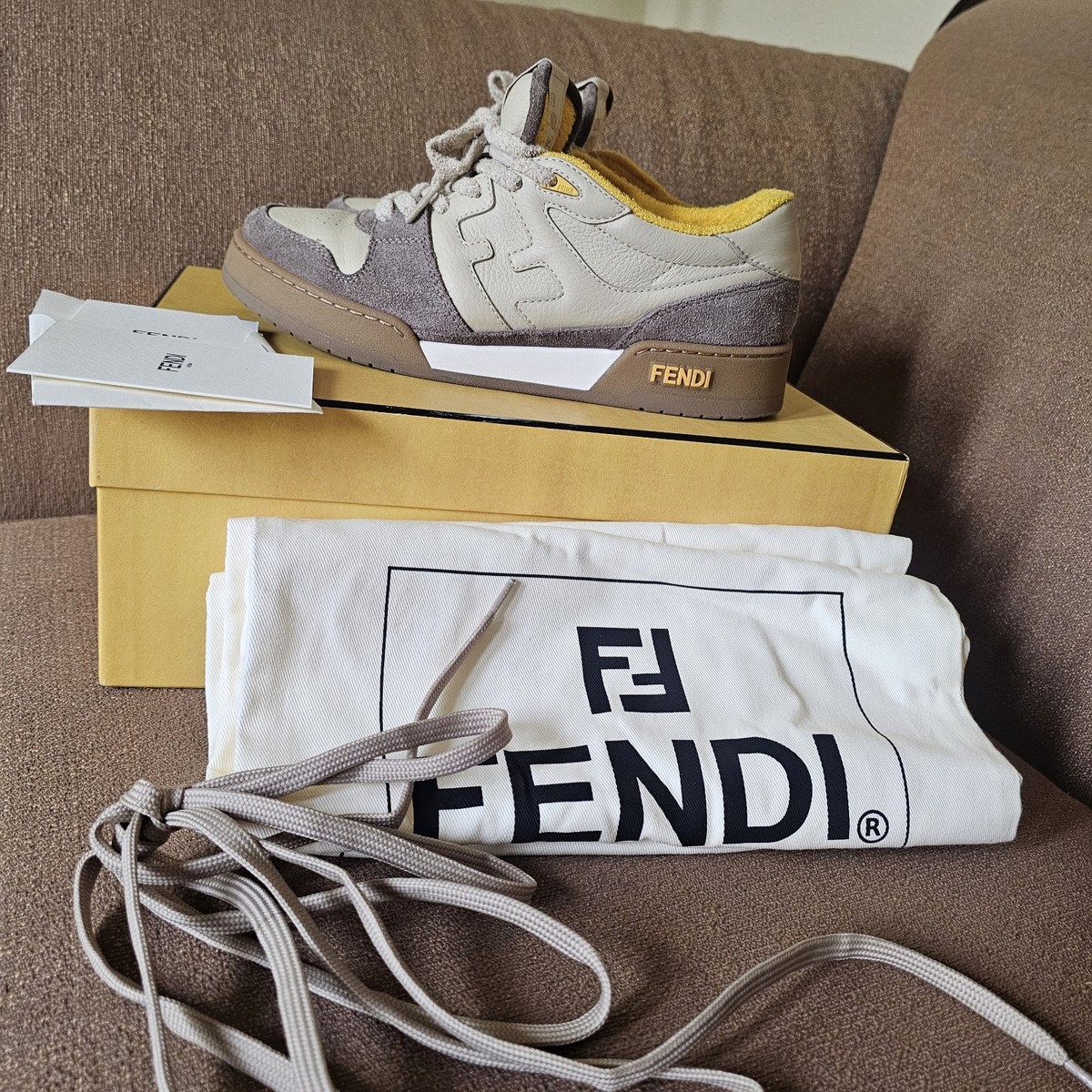 FENDI Low Top Sneakers MATCH Bicolor FF Logo Yellow Sneakers Size