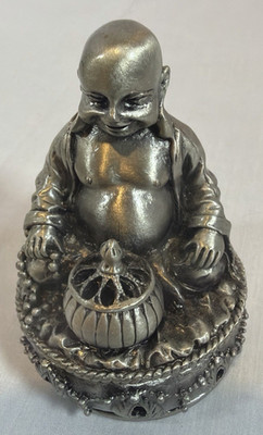 Vintage Laughing Buddha Incense Burner Silver Toned Zen Fang Shui Meditation
