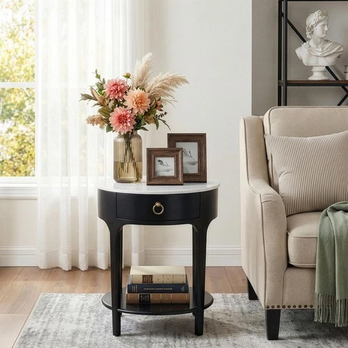 Butler Specialty Company Ellen 18.25 in. W Oval Marble Top Nightstand - Black - Picture 2 of 10