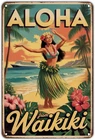 Aloha Hula Girl Vintage Waikiki Beach Metal Tin Wall Sign 8 x 12 inch