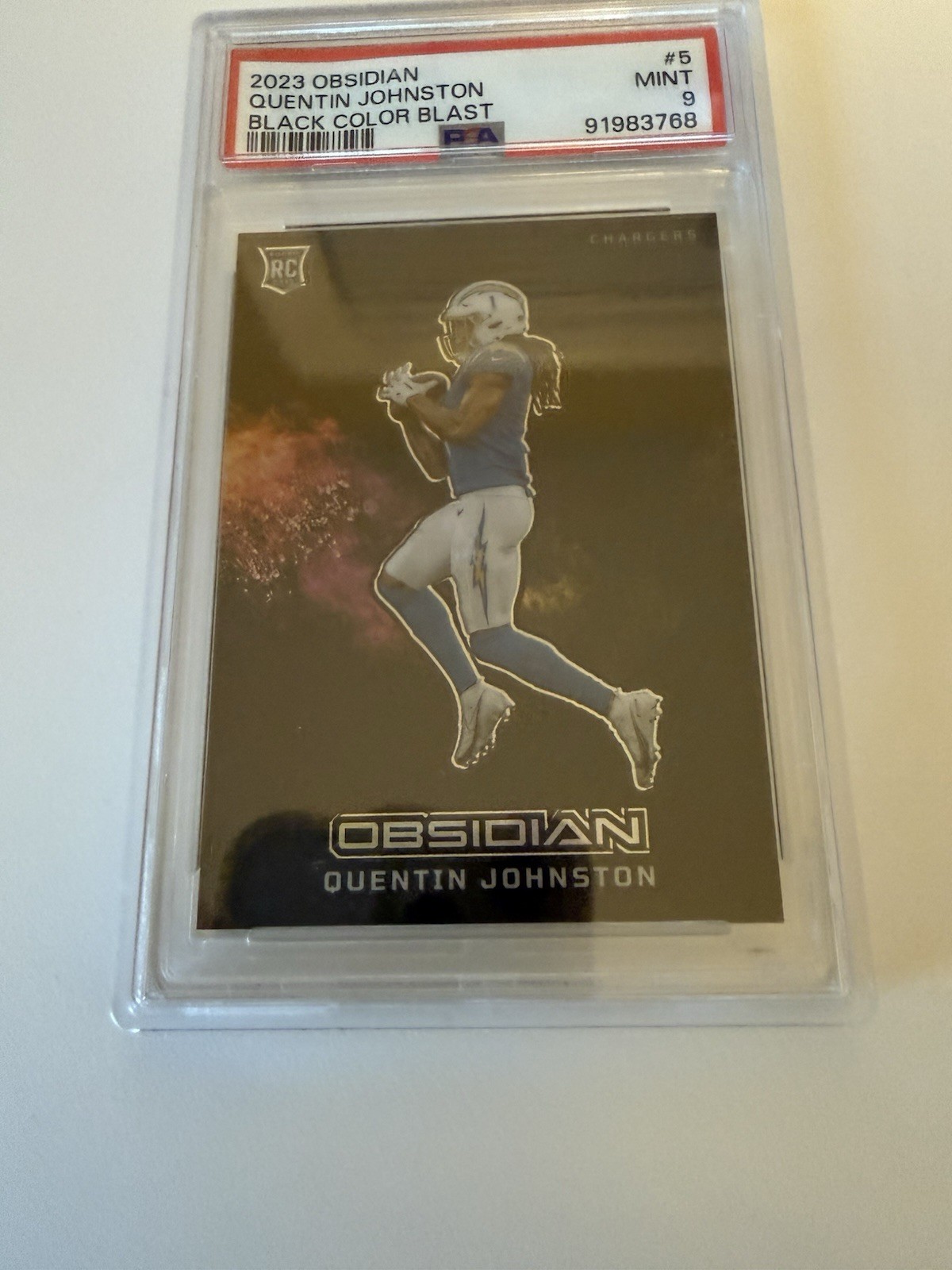 2023 Panini Obsidian Quentin Johnston PSA 9 Color Blast Black #5 CASE HIT RC