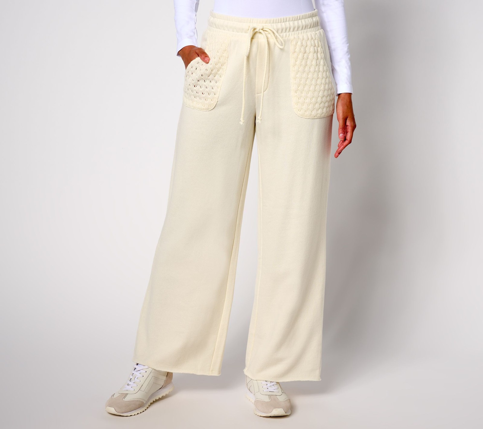 Peace Love World Women's Petite Pants PM French Terry Crochet Ankle White
