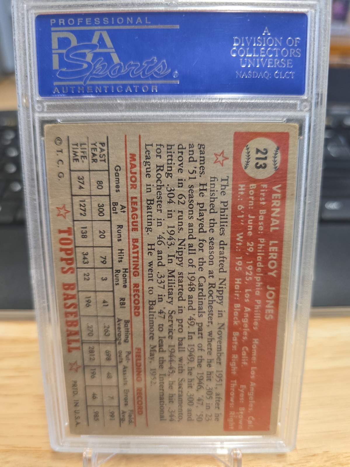 1952 Topps Nippy Jones #213 PSA 3 Philadelphia Phillies  view 2