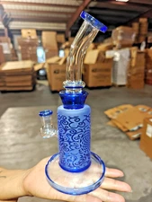 10" Carved Craft Glass Bong Water Pipe 14mm Bowl Frosted Blue – Stylish & Artist