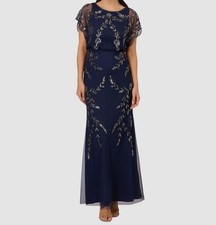 Papell Studio Women's Blue Beaded Boatneck Flutter Sleeve Gown Dress Size 4