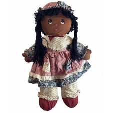 Vtg 1995 Sweetie Mine Rag Doll Floral Dress Yarn Braids Brown Skin Lg Folk Art