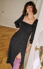 Sezane Robe Shella Midi Shirt Dress l NWT l Size 44 US 12 l Noir l Polka Dot