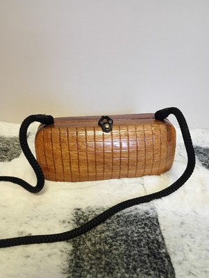 Vintage Purse /Timmy Woods Beverly Hills Acacia Wood Carved  Pill Shape  Clutch 