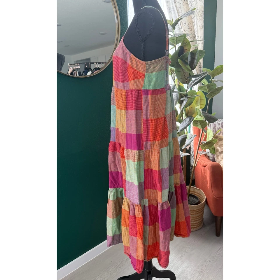Maxi Vestido de Gasa a Cuadros en Niveles para Mujer L Colorido Cottagecore Caprichoso Festival Foto 3 de 4
