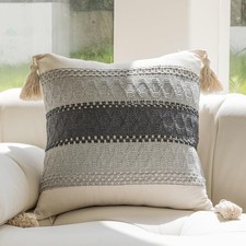 Boho Cotton Linen Decorative Throw Pillow Covers with Tassels 24x24 Inch Soft Fa