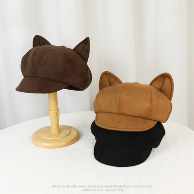 Women Girls Cute Cat-Ear Newsboy Cap Faux Suede Painter Beret Hat Artist - Image 1 of 4