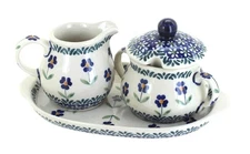 Blue Rose Polish Pottery Blue Daisy Sugar & Creamer with Tray