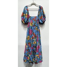 Farm Rio Womens Dress Blue Toucans Garden Midi XS Blue Floral Puff Sleeve Cutout