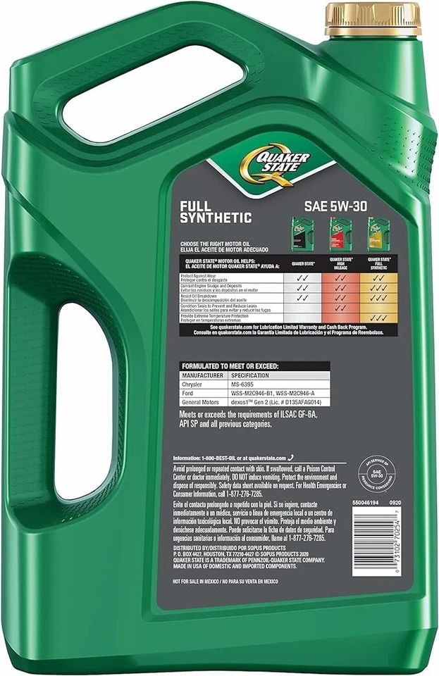 Aceite de motor Quaker State Gen 3 totalmente sintético Dexos 5W-30 (5 cuartos de galón, caja de 3) Foto 4 de 4