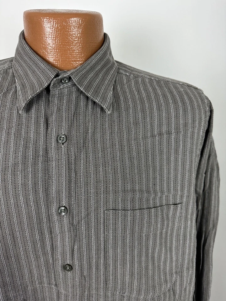 Vintage 90s Van Heusen Dress Shirt Men 15.5 M Gray Striped Long Sleeve Cotton - Image 3 of 4