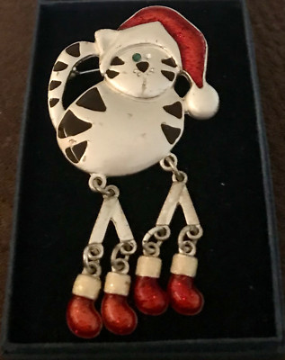 FUN VINTAGE CHRISTMAS BROOCH - CAT WITH DANGLING LEGS
