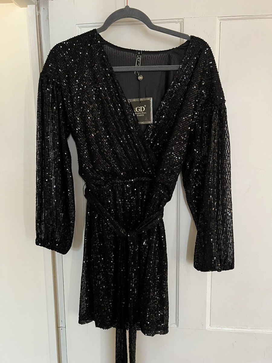 golden days paris dress Golden Days Paris Black Sequin Dress Size M Elasticated Waist RRP £105 BNWT