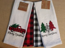 Cotton Kitchen Tea Towels - 2 Country Check, 2 White with MERRY CHRISTMAS