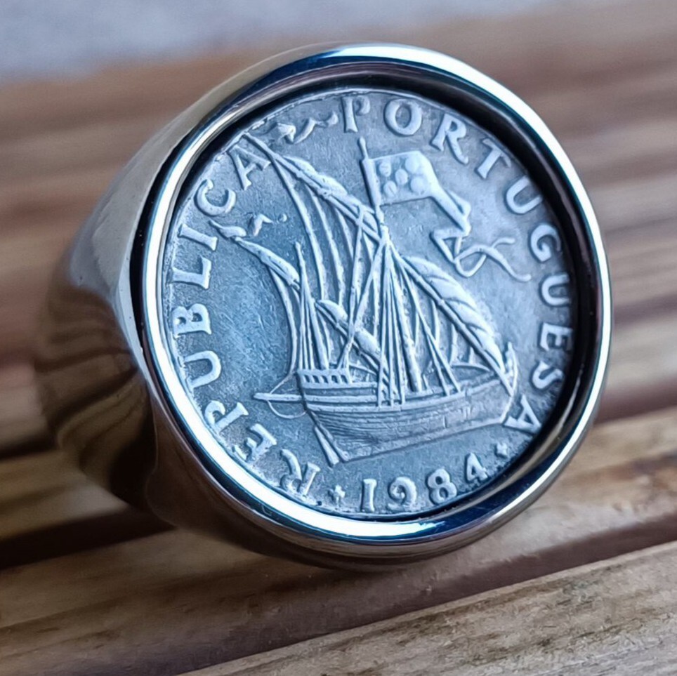 Bague chevalière pièce 2,50 Escudos La Caravelle en argent massif fait main