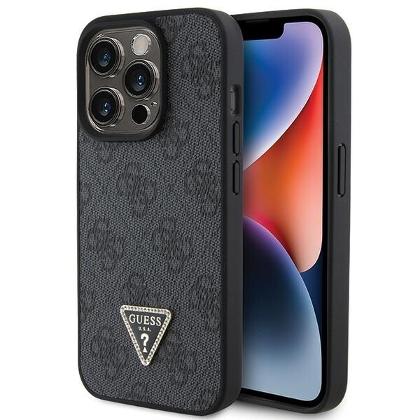 Case iPhone 15 Pro Max Guess Faux Leather Gray with Logo and Rhinestone Cell Phone Case