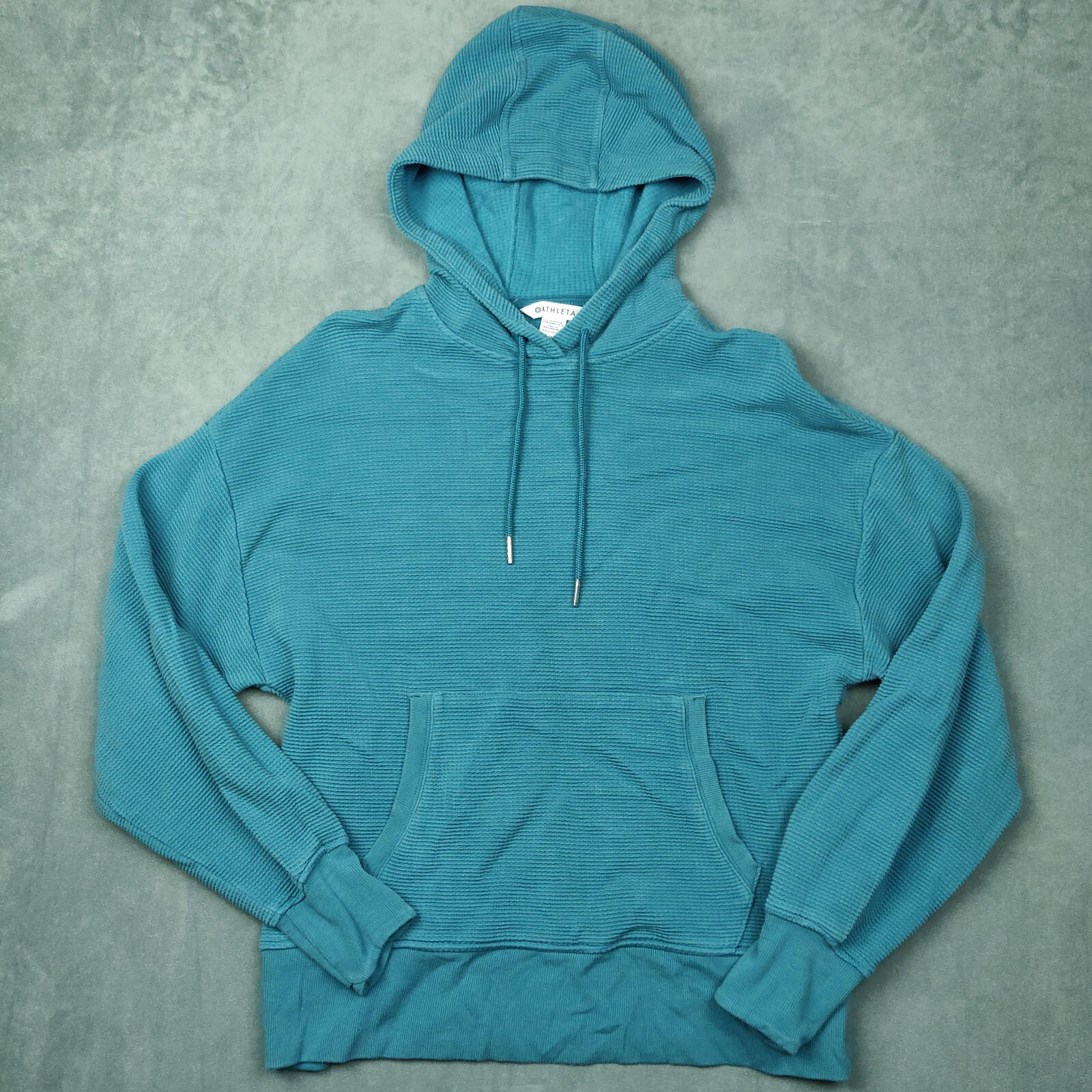 Athleta Balance Hoodie Women Medium Teal Blue Green Pullover Waffle Knit Thermal
