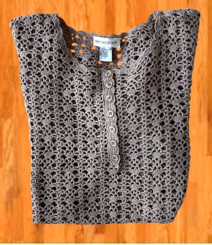 Vintage Newport News Crochet Dress Girls Sz L Tunic Taupe Short Sleeves Scallop - Picture 12 of 12