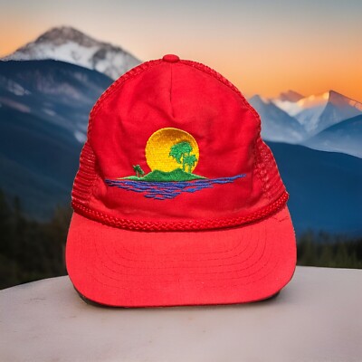Vintage Sunset Secluded Island Paradise Mirage Red Mesh Snapback Baseball Cap