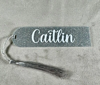 Personalised Bookmark Glitter Acrylic & Tassel Handmade Gift Booklover ANY NAME