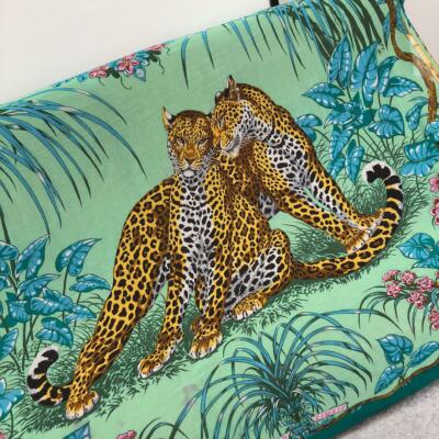 Hermes Cotton Pareo Shawl Stole Scarf Green Leopard Animal Auth Ex