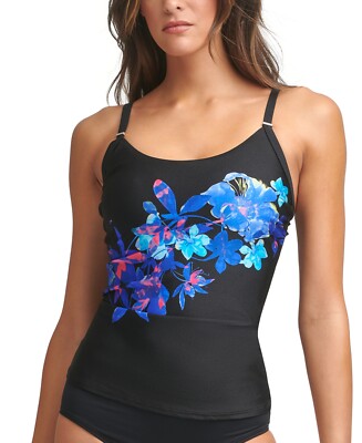 MSRP $88 Calvin Klein Floral-Print Tankini Top Swimsuit Black Size Small 