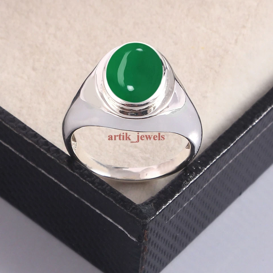 Anello In Argento Sterling 925 Con Gemma Di Onice Verde Naturale Per Uomo #5886 - Immagine 2 di 4
