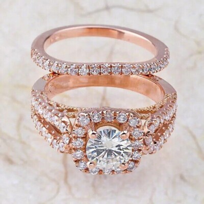 1.08CT Round Cut Simulated Diamond Engagement Wedding Ring Set Rose ...