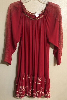 URBAN MANGO Womens S Ruffle Lace TUNIC Dress Red Embroidered Beaded