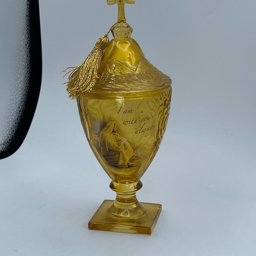 Vintage Amber Glass Religious pedestal goblet with music box lid.