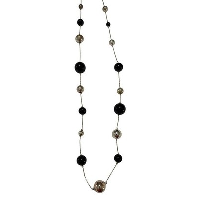 Silver Tone and Black Bead Station Long Adjustable Necklace Layering Chic
