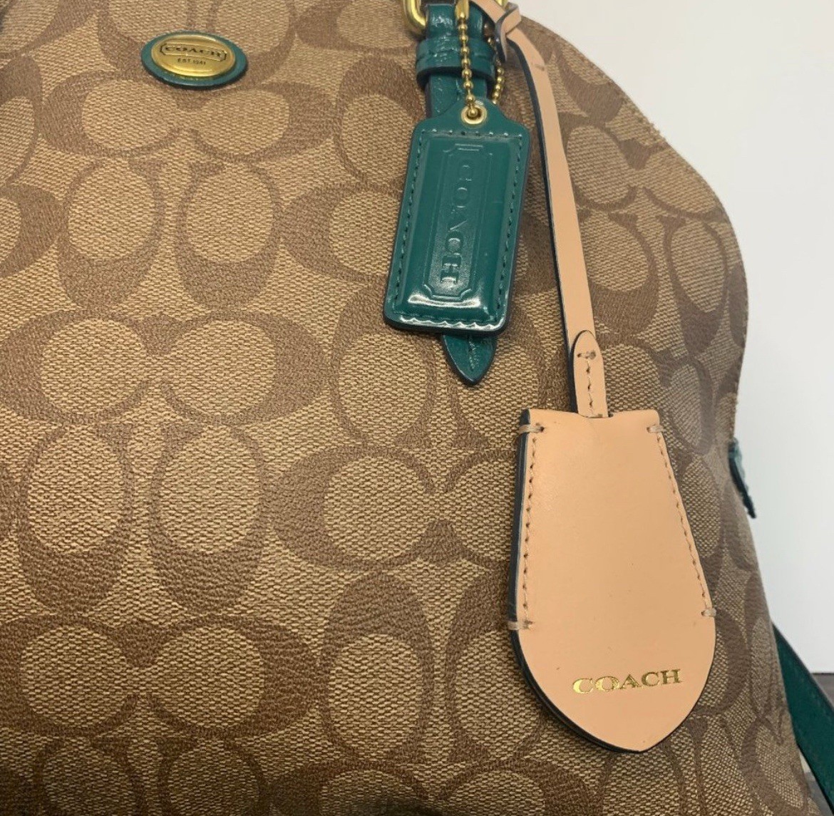 Y2K 2000s Coach Peyton Signature Cora Domed Satchel Handbag F24606 Khaki/ Jade image 2