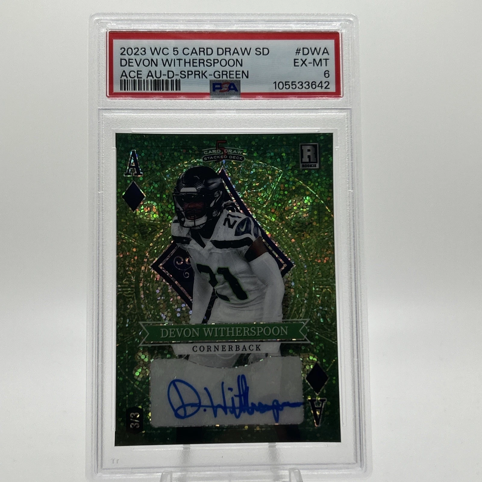 Devon Witherspoon Wild Card 5 Card Draw Stacked Deck Ace Autographs #DWA Heart-Sparkles Foil-Green