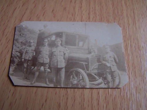 WW1 Military Soldiers in Uniform Leaning on Vehicle Car Vintage Photo